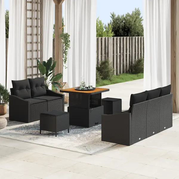 Set de sofa de gradina Gossi cu 8 piese si perne ratan poli negru, sofa de gradina Gossi cu 2 locuri cu spatiu de depozitare si perne ratan poli negru, set de dining pentru gradina Gossi cu 3 piese si perne ratan poli negru