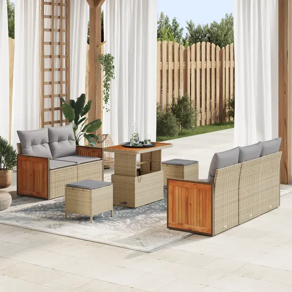 Set de sofa de gradina Gossi cu 8 piese si pernite bej poliratan acacia, set de dining gradina Gossi cu 3 piese si pernite bej poliratan acacia