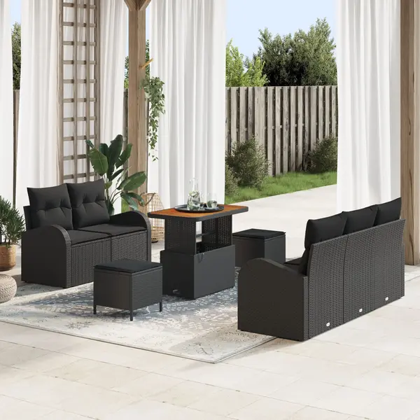 Set de sofa de gradina Gossi cu 8 piese si pernite negre din poliratan acacia, sofa de gradina cu 2 locuri Gossi cu spatiu de intretinere & pernite negre din poliratan, set de masa pentru gradina cu 3 piese Gossi cu pernite negre din poliratan acacia