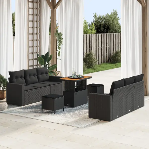 Set de sofa de gradina Gossi cu 9 piese cu perne negru ratan poli acacia, set de dining de gradina Gossi cu 3 piese cu perne negru ratan poli acacia