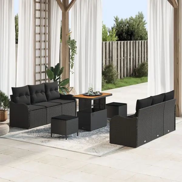 Set de sofa de gradina Gossi cu 9 piese cu pernite negru poliratan acacia, sofa de gradina Gossi cu 2 locuri cu pernite negru poliratan, set de dining de gradina Gossi cu 3 piese cu pernite negru poliratan acacia