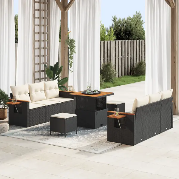 Set de sofa de gradina Gossi cu 9 piese si perne din ratan poliester negru, set de dining de gradina Gossi cu 3 piese si perne din ratan poliester negru