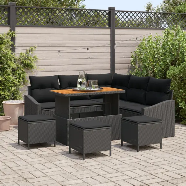 Set de sofa de gradina Gossi cu perne negru ratan poli acacia, sofa de gradina Gossi cu 2 locuri si perne negru ratan poli, set de dining de gradina Gossi cu 3 piese si perne negru ratan poli acacia