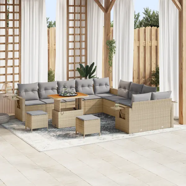Set de sofa Gossi cu 13 piese cu perne bej poliratan acacia, set de dining pentru gradina Gossi cu 3 piese cu perne bej poliratan acacia