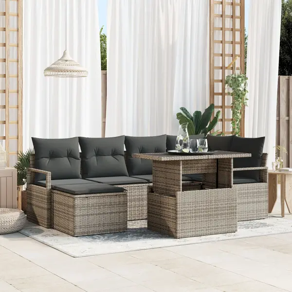 Set de sofa Gossi pentru gradina cu 7 piese si perne gri poliratan, sofa de gradina Gossi cu 2 locuri cu spatiu de stocare si perne gri poliratan