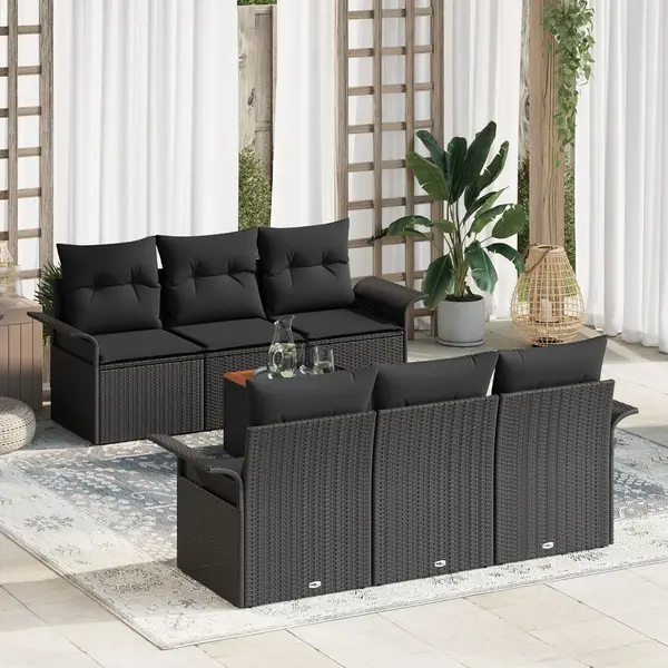 Set de sofa gradina Gossi 7 piese cu pernute negru poliratan acacia, sofa gradina Gossi 2-seater cu depozitare & pernute negru poliratan