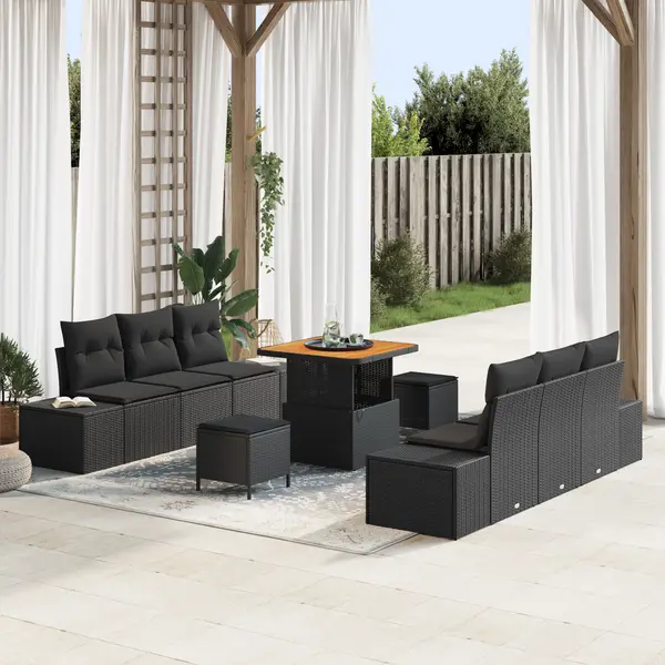 Set de sofa pentru gradina 9 piese cu perne negru poliratan acacia, sofa pentru gradina cu depozitare si perne negru poliratan, set de dining pentru gradina 3 piese cu perne negru poliratan acacia