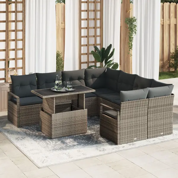 Set de sofa pentru gradina 9 piese cu perne ratan gri poly, sofa pentru gradina cu 2 locuri cu spatiu de stocare & perne ratan gri poly