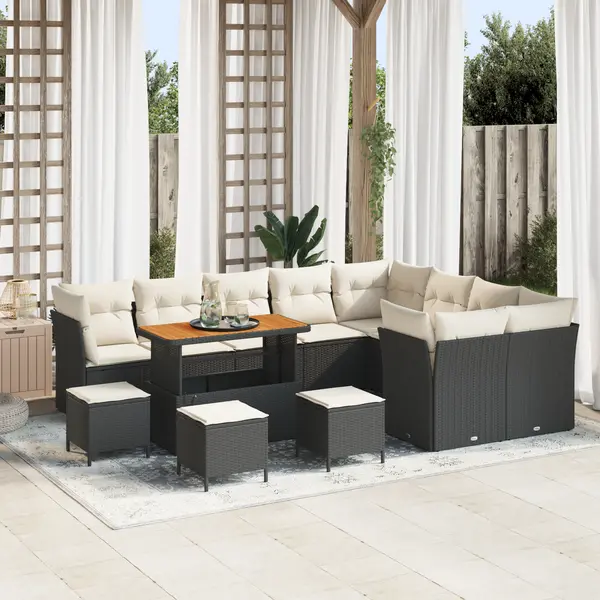 Set de sofa pentru gradina cu 13 piese si perne negru poliratan acacia, set de mese pentru gradina cu 4 piese si perne negru poliratan acacia