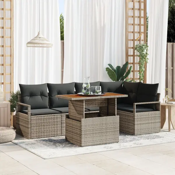 Set de sofa pentru gradina de 6 piese cu perne gri din ratan polimer, sofa pentru gradina de 2 persoane cu spatiu de depozitare si perne gri din ratan polimer