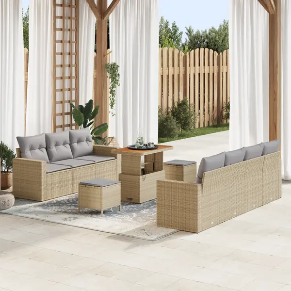 Set de sofa pentru gradina Gossi 10 piese cu perne bej poli ratan acacia, set de dining pentru gradina Gossi 3 piese cu perne bej poli ratan acacia