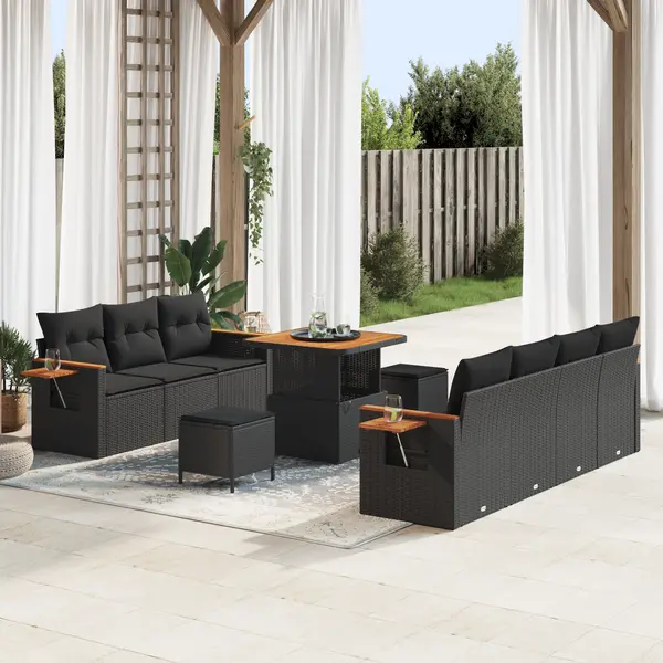 Set de sofa pentru gradina Gossi 10 piese cu perne negre ratan poli acacia, set de mese pentru gradina Gossi 3 piese cu perne negre ratan poli acacia