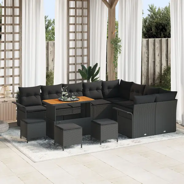 Set de sofa pentru gradina Gossi 13 piese cu perne rattan poliester negru acacia, set de dining pentru gradina Gossi 4 piese cu perne rattan poliester negru acacia, sofa pentru gradina Gossi 2 locuri cu perne rattan poliester negru