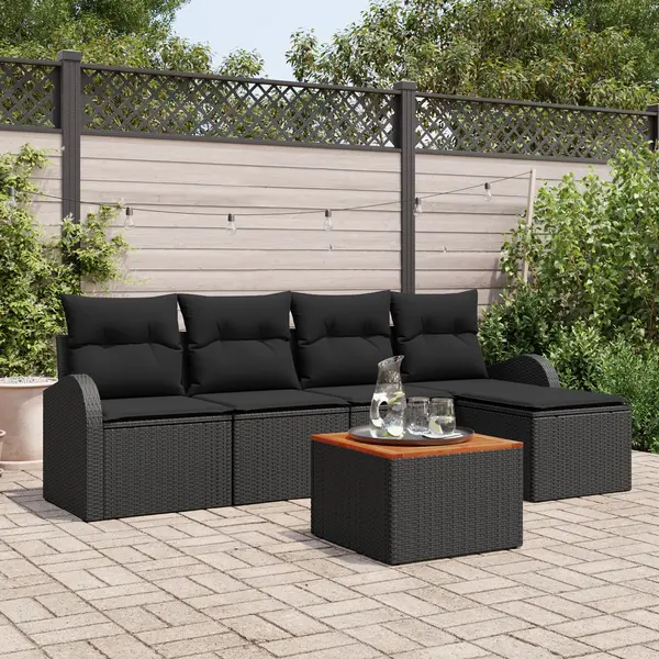 Set de sofa pentru gradina Gossi 6 piese cu pernute negru poliratan acacia, sofa pentru gradina Gossi 2 locuri cu depozitare & pernute negru poliratan