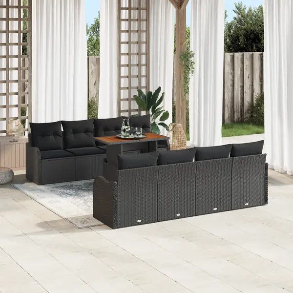 Set de sofa pentru gradina Gossi 9 piese cu perne negru poliratan, sofa pentru gradina Gossi 2 locuri cu depozitare si perne negru poliratan