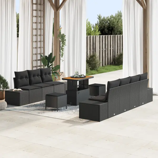 Set de sofa pentru gradina Gossi cu 10 piese si perne negru poliratan acacia, sofa pentru gradina Gossi cu 2 locuri si perne negru poliratan, set de dining pentru gradina cu 3 piese si perne negru poliratan acacia