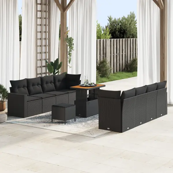 Set de sofa pentru gradina Gossi cu 11 piese cu perne negru poliratan acacia, set de masa pentru gradina Gossi cu 3 piese cu perne negru poliratan acacia