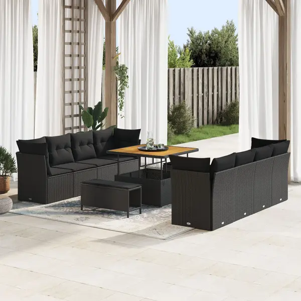 Set de sofa pentru gradina Gossi cu 11 piese cu perne negru ratan poli acacia, set de dining pentru gradina Gossi cu 3 piese cu perne negru ratan poli acacia