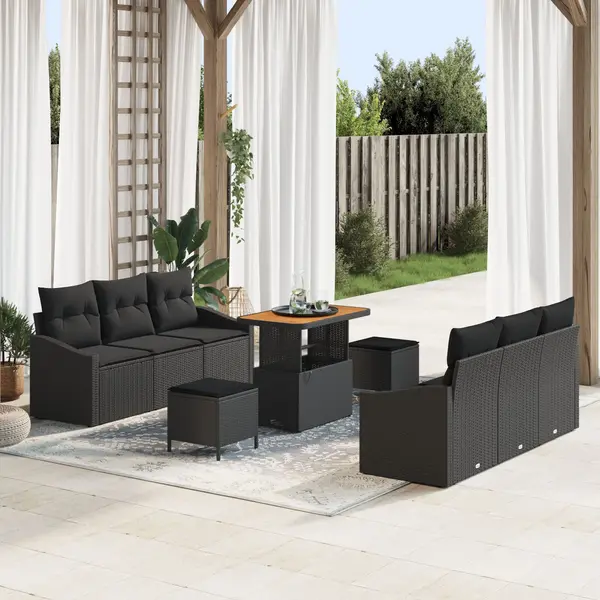 Set de sofa pentru gradina Gossi cu 9 piese si pernute negru poliratan acacia, sofa de gradina Gossi cu 2 locuri si pernute negru poliratan, set de dining pentru gradina Gossi cu 3 piese si pernute negru poliratan acacia