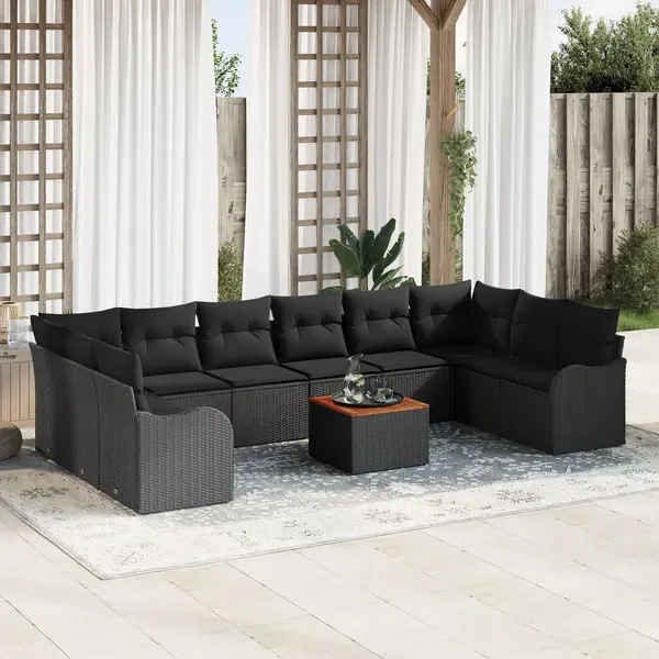 Set de sofa pentru gradina Gossi de 11 piese cu pernute ratan negru acacia, sofa pentru gradina Gossi cu 2 locuri cu spatiu de stocare & pernute ratan negru