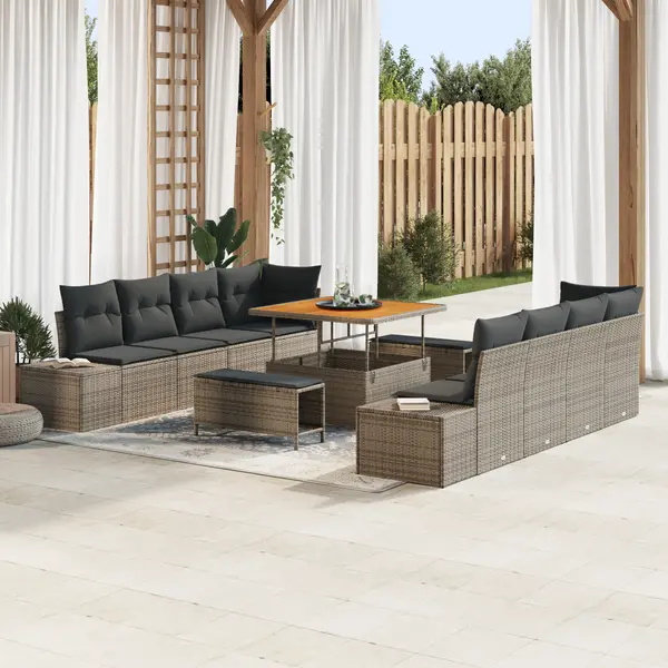 Set de sofe de gradina Gossi cu 11 piese si perne gri din poliratan de acacia, canapea de gradina Gossi cu 2 locuri cu depozitare si perne gri din poliratan, set de dining de gradina Gossi cu 3 piese si perne gri din poliratan de acacia