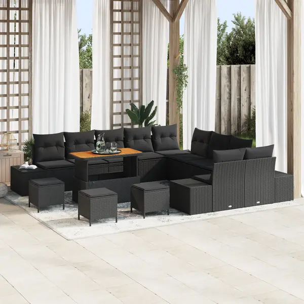 Set de sofera pentru gradina Gossi, 14 piese cu perne, poliratan negru, acacia, sofa de gradina cu 2 locuri, cu spatiu de depozitare si perne, poliratan negru, set de dining pentru gradina, 4 piese, cu perne, poliratan negru, acacia