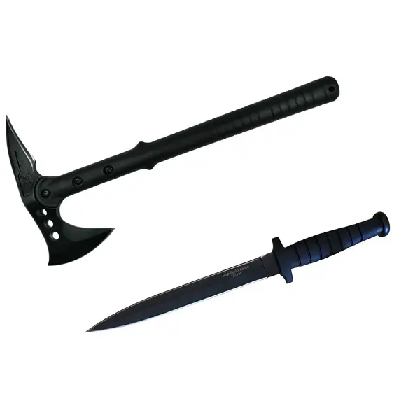 Set de supravietuire DEPOX , Double Trouble, topor si cutit cu tais dublu, otel inoxidabil, negru