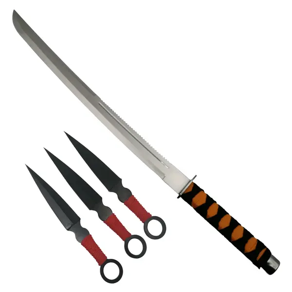 Set de vanatoare DEPOX , Sabie Ninja Path si set trei cutite de aruncat, otel inoxidabil, negru