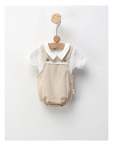 Set de vara, salopeta muselina+tricou, alb-crem