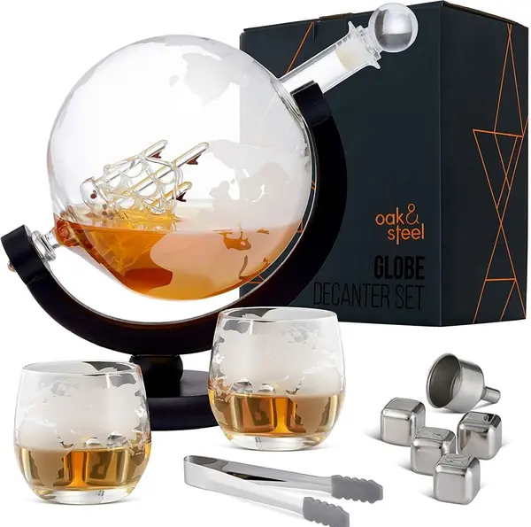 Set de whisky Oak & Steel - Globus, carafă cu 2 pahare si accesorii
