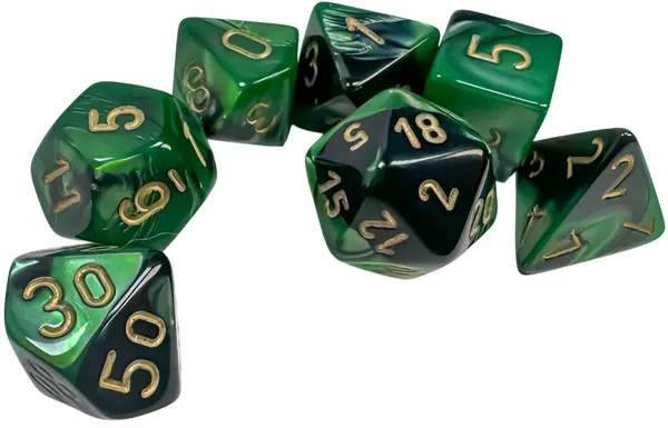 Set de zaruri Chessex Gemini Black-Green/Gold Polyhedral (7 buc.)