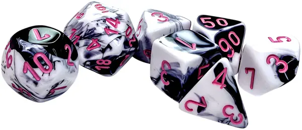 Set de zaruri Chessex Gemini Black-White/Pink Polyhedral (7 buc.)