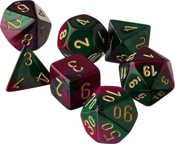 Set de zaruri Chessex Gemini Green-Purple/Gold Polyhedral (7 buc.)