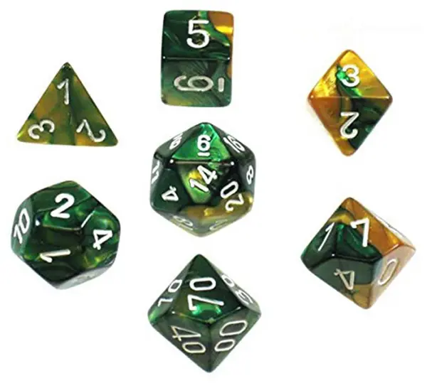Set de zaruri Chessex - Gemini Polyhedral Dice Set, Aur-Verde/Alb (7 buc.)