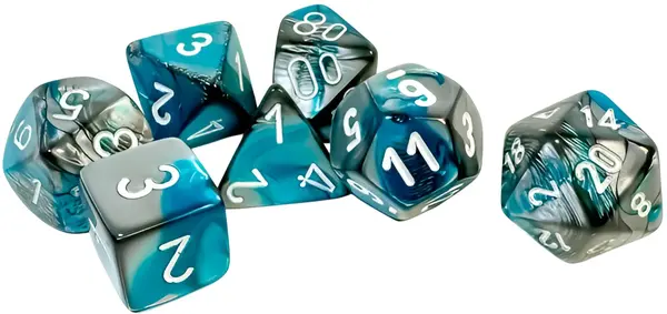 Set de zaruri Chessex Gemini Steel-Teal/White Polyhedral (7 buc.)