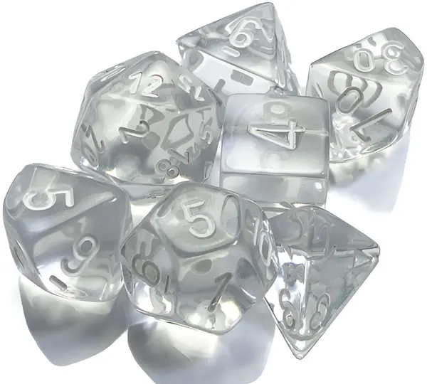 Set de zaruri Chessex Translucent Clear/White Polyhedral (7 buc.)