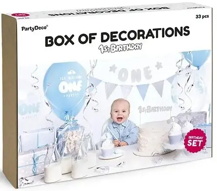 Set decoratiuni petrecere First Birthday cu 33 elemente Albastru Argintiu