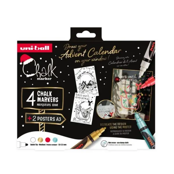 Set Desen Ferestre Craciun , 4 Markere UNI Chalk XMAS Traditional (alb, auriu, verde si rosu) + 2 sabloane A3