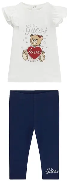 Set din 2 piese Guess - Bluză cu volane și colanți cu inscripție, alb, 24 luni