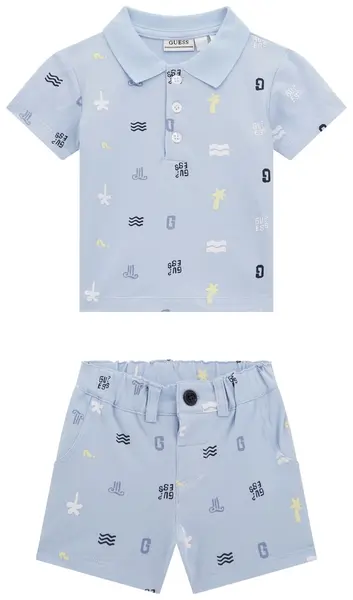 Set din 2 piese Guess - Tricou cu guler și pantaloni scurți, albastru, 6-9 luni