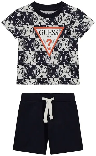 Set din 2 piese Guess - Tricou cu imprimeu închis la culoare și pantaloni scurți, negru, 18 luni