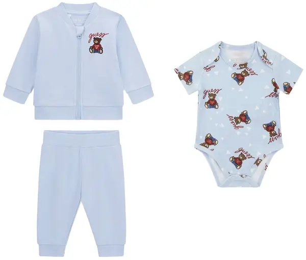 Set din 3 piese Guess - Body, hanorac și pantaloni, albastru deschis, 12 luni