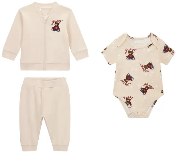 Set din 3 piese Guess - Body, hanorac și pantaloni cu ursuleți, bej, 12 luni