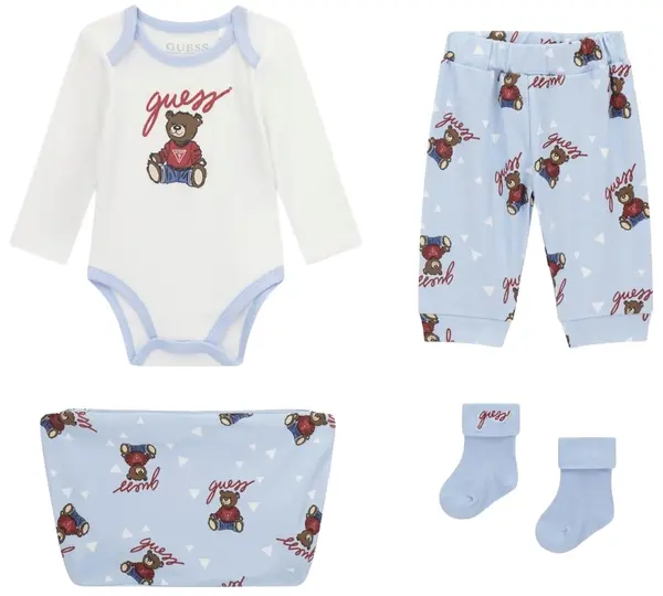 Set din 4 piese Guess - Body, pantaloni, șosete și gentuță, albastru, 0-3 luni