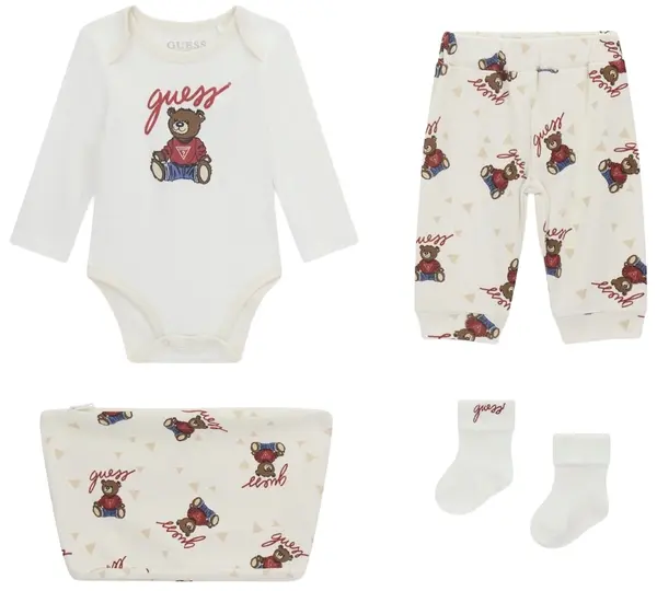 Set din 4 piese Guess - Body, pantaloni, șosete și gentuță, bej, 3-6 luni