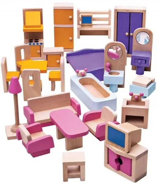 Set din lemn Bigjigs - Mobilier pentru casuta de papusi
