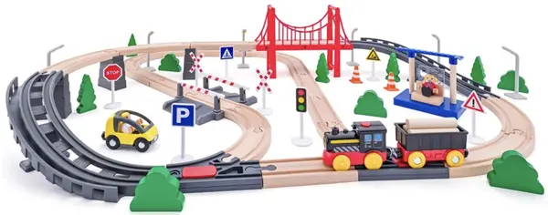 Set din lemn Woodyland - Tren cu șine și pod, 80 buc