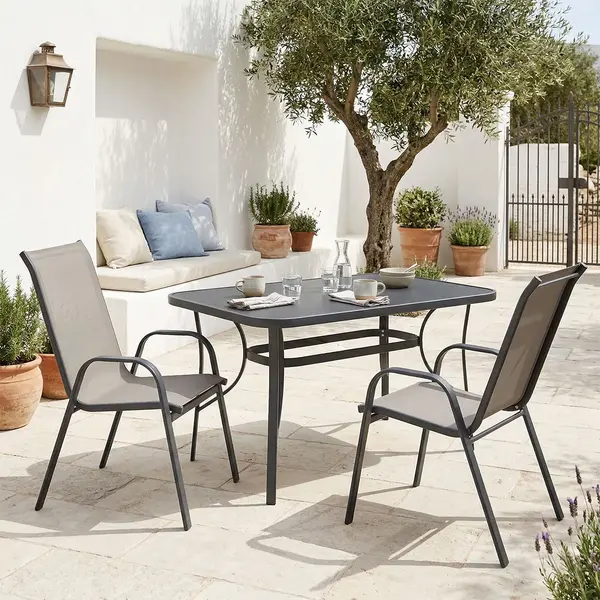 Set dining exterior Ensure Calan, 3 piese, metal si sticla, Antracit, 120x70x70 cm