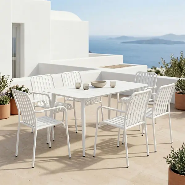 Set dining exterior Heven Vista, 7 piese, Negru-Alb, aluminiu, 120x70x72 cm