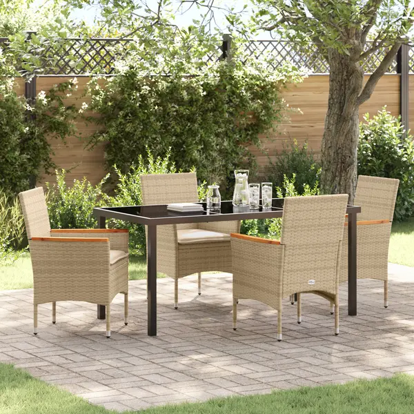 Set dining gradina Gossi 5 piese cu perne ratan poliat bej, masa gradina Gossi neagra 160x80x73 cm sticla temperata